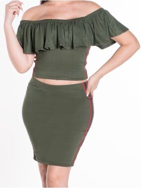 Olive Green Ruffle Off-Shoulder Tunic with Contrast Side Stripes